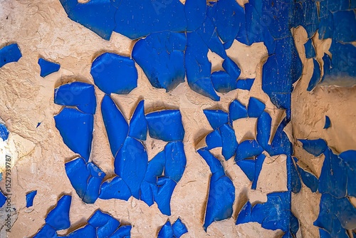 Fototapeta Naklejka Na Ścianę i Meble -  Peeling blue paint on rough textured wall