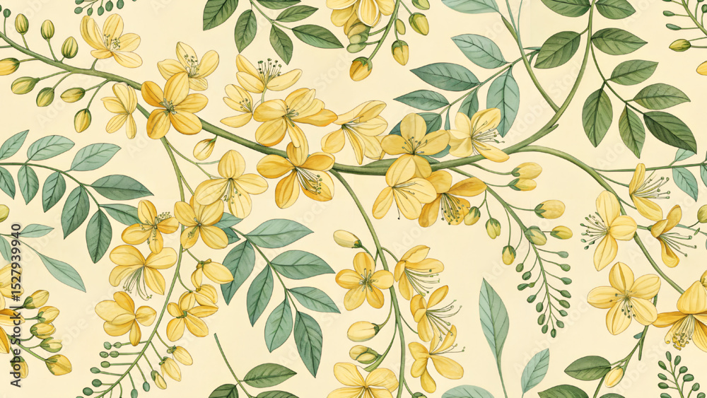 Cassia fistula seamless pattern vector illustration pastel yellow background.