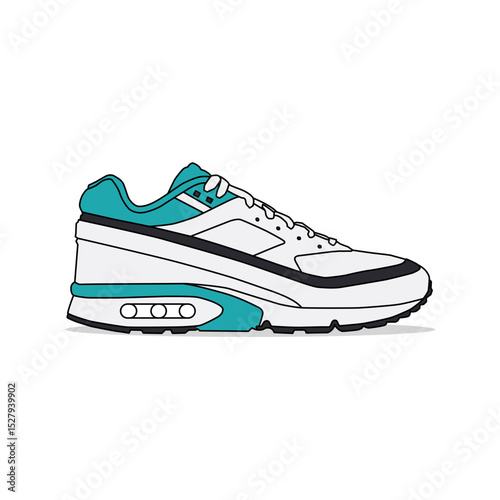 White, green, and black sneakers, outlined and isolated on a white background. Suitable for commercial purposes.
