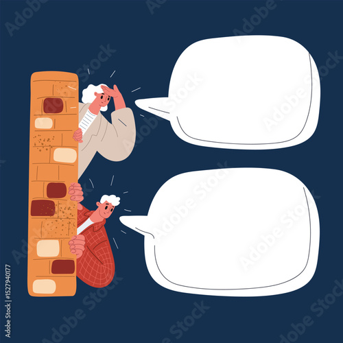 Cartoon vector illustration of two people peeking from opposite sides of a wall, symbolizing secrecy, curiosity, and hidden conversations over dark background