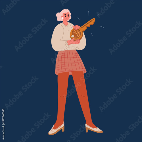 Cartoon vector illustration of a woman holding a giant key, symbolizing empowerment, opportunity, and unlocking potential over dark background