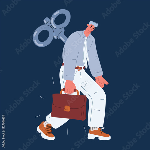Cartoon vector illustration of a person with a wind-up key walking slowly, symbolizing fatigue, low energy, and burnout over dark background