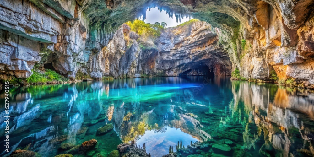 Fototapeta premium Crystal clear waters of Melissani Lake Cave reflected in the cave's interior