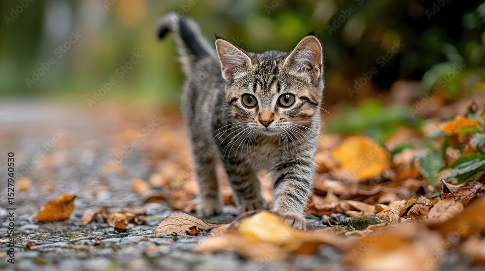 Fototapeta premium A curious tabby kitten walking on a leaf-covered path in a forested area.