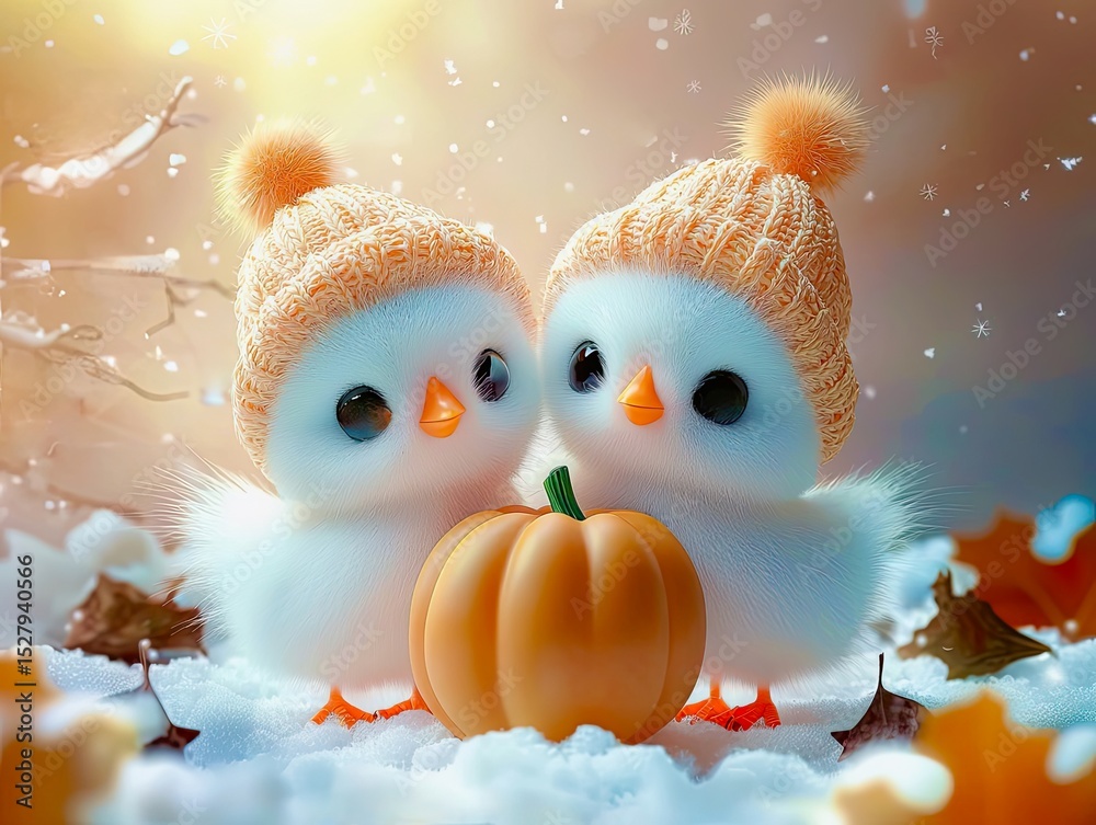 Obraz premium Cute Winter chick and duck Friends with Pumpkin