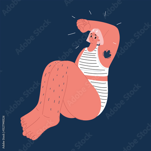 Cartoon vector illustration of a woman embracing herself with visible body hair, symbolizing self-acceptance, body positivity, and confidence over dark background