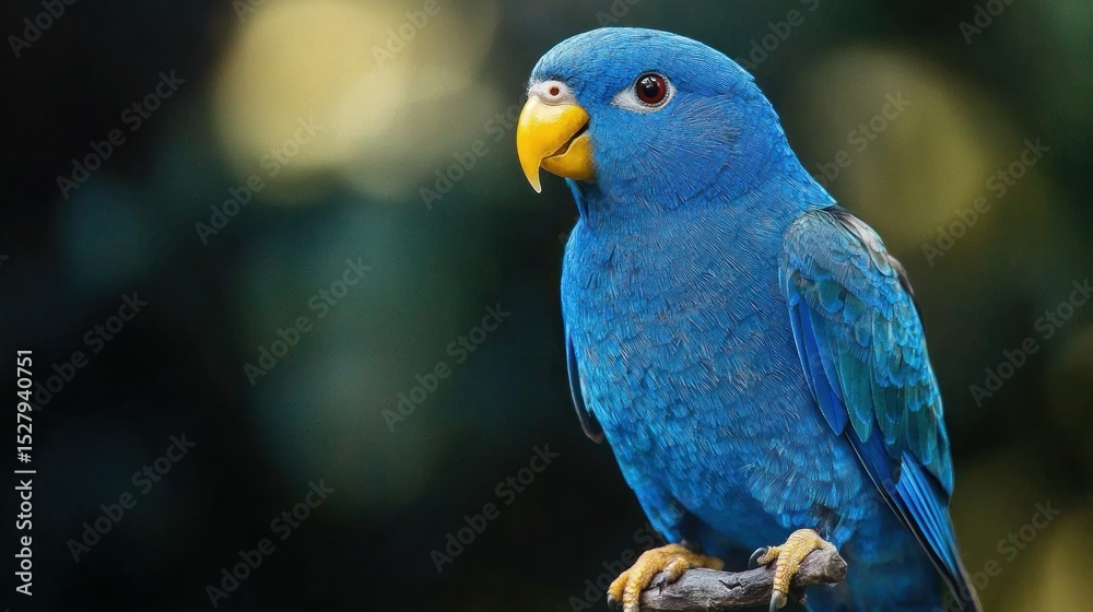 Naklejka premium A vibrant blue parrot perched on a branch with a blurred green background.
