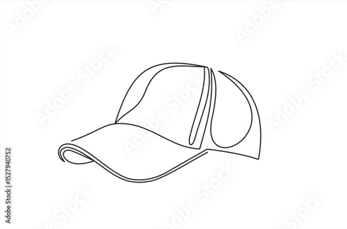 Single continuous line drawing hiking adventure cap hat, trip, travel, camping. Travel accessory, hiking clothes. Doodle element for design, print, card. Hand drawn one line vector. Editable stroke