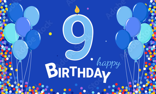 9 years old. Balloons and confetti on a blue background. A children's birthday party for a boy. Happy birthday card with a candle 9.