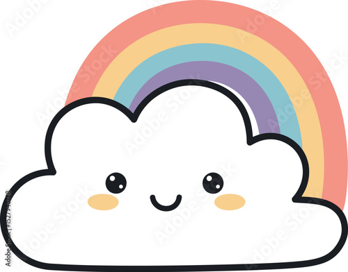 Cute Kawaii Cloud with Rainbow and Stars – Adorable Cartoon Illustration for Kids