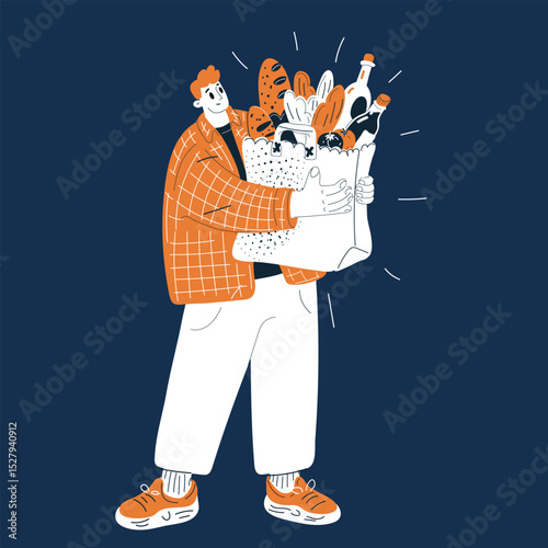 Cartoon vector illustration of a man struggling with a heavy shopping bag, symbolizing everyday tasks and perseverance over dark background