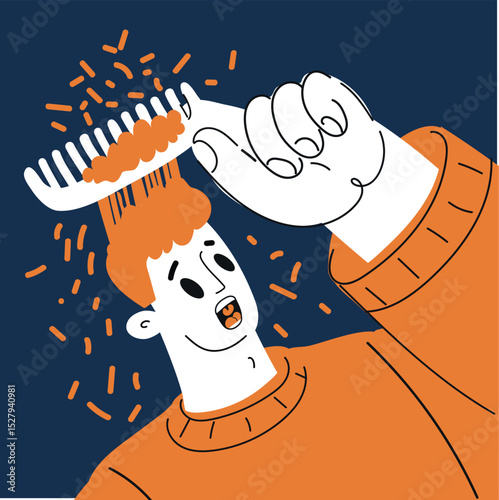 Cartoon vector illustration of a man shocked by hair falling while combing, depicting stress and hair health worries over dark background
