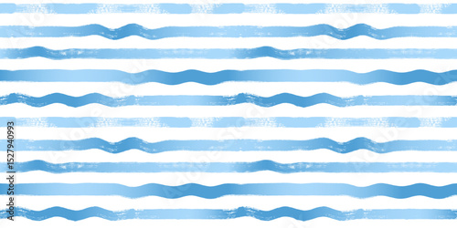 Wave stripes seamless pattern. Hand drawn wavy water lines vector print, textured paint lines with waves, blue watercolor background