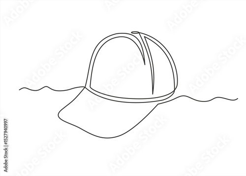 Single continuous line drawing hiking adventure cap hat, trip, travel, camping. Travel accessory, hiking clothes. Doodle element for design, print, card. Hand drawn one line vector. Editable stroke
