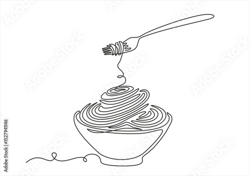 Single continuous line drawing of delicious spaghetti with fork. Italy pasta noodle restaurant concept for cafe, shop or food delivery service.Hand drawn one line vector. Editable stroke	
