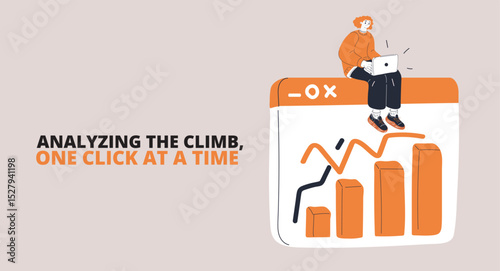 Cartoon vector illustration of a woman analyzing data on a laptop while perched on a rising graph, symbolizing career growth and digital achievement