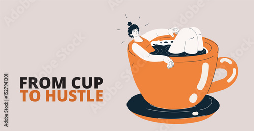 Cartoon vector illustration of a woman relaxing in a giant coffee cup, representing a comforting morning ritual and preparation for a busy day