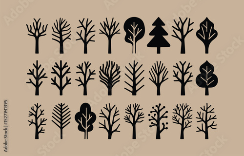 Collection of Simple Tree Silhouettes in Black on a Beige Background for Graphic Design and Nature Illustrations