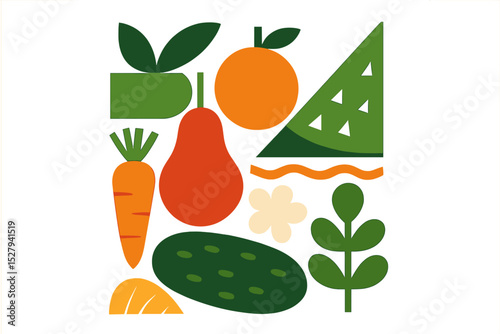 Vector illustration showing different vegetables and fruits with geometric shapes