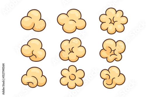 Cartoon popcorn fluff vector illustration icon isolated, different forms, snack time, movie night, food, tasty treat