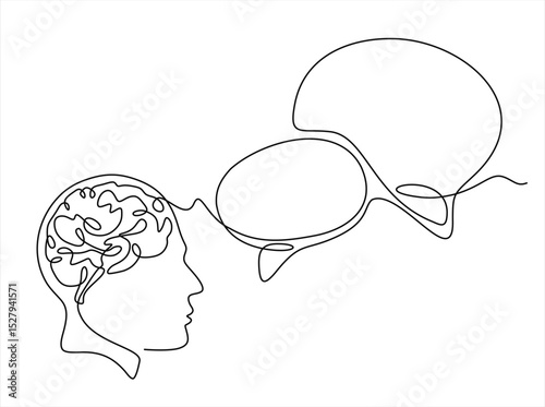 Continuous line drawing of head of a man with speech bubble is drawn by a single black line on a white background. Hand drawn one line vector. Editable stroke	