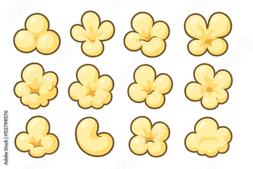 Variety of different shaped popcorn pieces shown as a collection of isolated vector icons