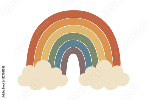 Colorful rainbow with fluffy clouds vector icon on a plain white background