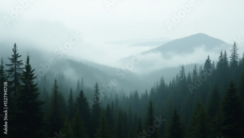 Misty Pine Forest Landscape, Foggy Morning in Evergreen Woodland, Tranquil Nature Scenery with Dense Green Trees and Atmospheric Fog, Serene Wilderness Panorama