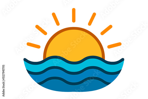 Sunset over the ocean cartoon illustration vector icon, showing horizon and ocean waves with sunlight, summer concept