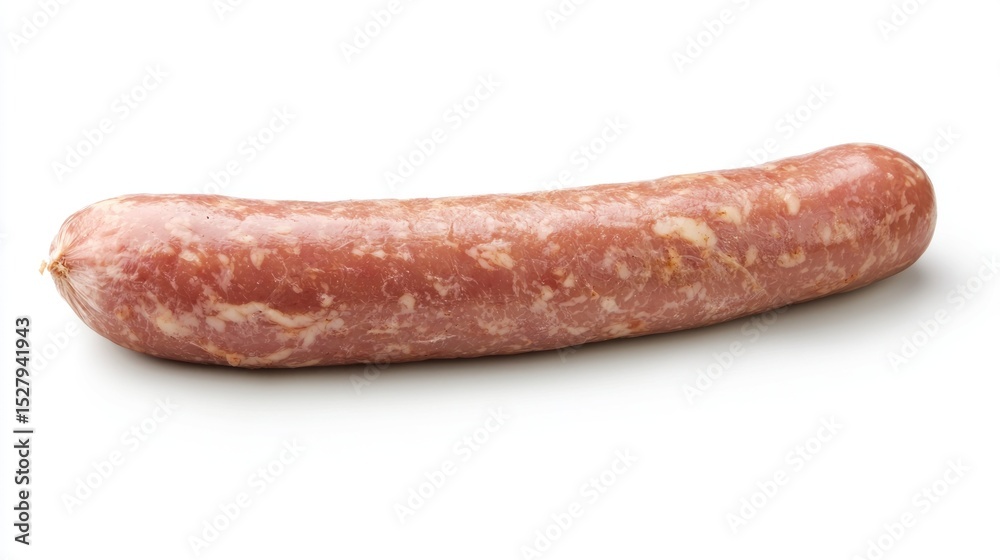 A long, cylindrical sausage with a smooth, marbled texture on a white background. A long, cylindrical sausage with a smooth, marbled texture on a white background.