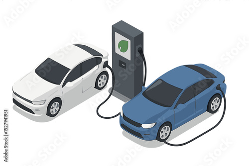 Electric vehicles charging at a station with leaf symbol, isolated isometric cartoon vector illustration icon