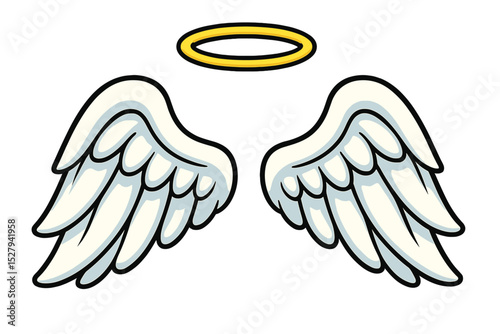 Cartoon angel wings with golden halo vector illustration for divine symbolism and spiritual concepts