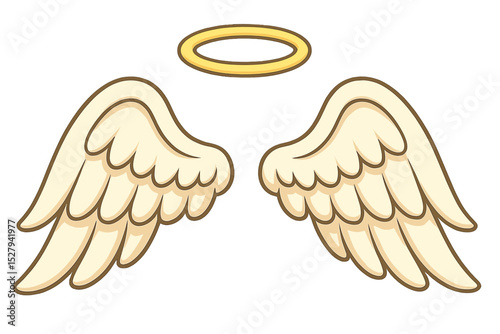 Cartoon angel wings and halo vector illustration, isolated on a white background, representing divinity and purity