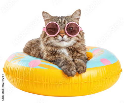 Cat enjoying summer on colorful inflatable float on a transparent background, cut out