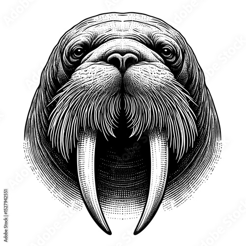 Front view walrus  headportrait. Powerful walrus head illustration with impressive tusks. Detailed walrus image for wildlife prints, arctic animal themed designs, and nature documentaries.