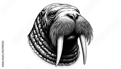 Hand-drawn engraving of walrus head with large tusks and whiskers   side view portrait