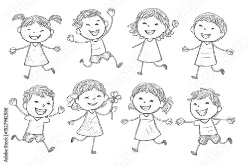 Happy children running and playing together, a pencil sketch vector illustration
