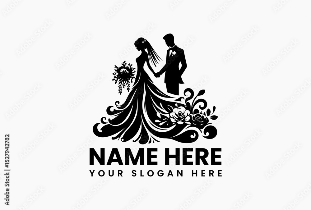 Fototapeta premium Modern wedding couple silhouette logo with floral accents in elegant black vector design 