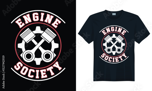 Vintage mechanical engine emblem with pistons and gear, perfect for t-shirt print and auto fans