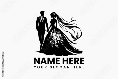 Sophisticated black silhouette vector logo of wedding couple holding hands with floral details  