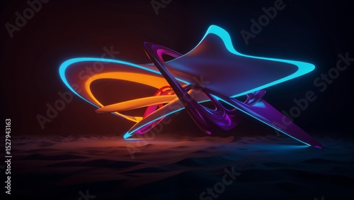 3D abstract sculpture with glowing lights on a dark background for modern art displays