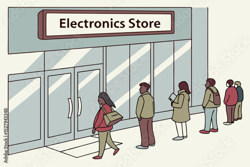 People queuing outside an electronics store