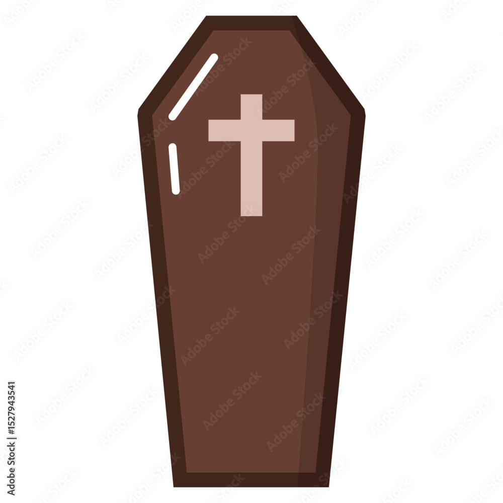 Obraz premium A simple, flat design illustration of a brown cartoon coffin with a light beige cross on top. Vector icon isolated on a white background, suitable for Halloween, funeral, or religious themes.