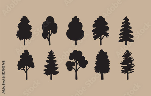 Collection of Ten Tree Silhouettes in Black on a Beige Background Including Pine Birch and Other Deciduous Varieties