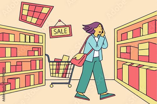 Woman shopping in supermarket on sale day