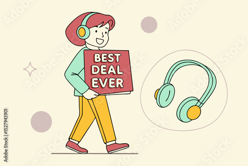 Person walking with best deal ever sign and headphones