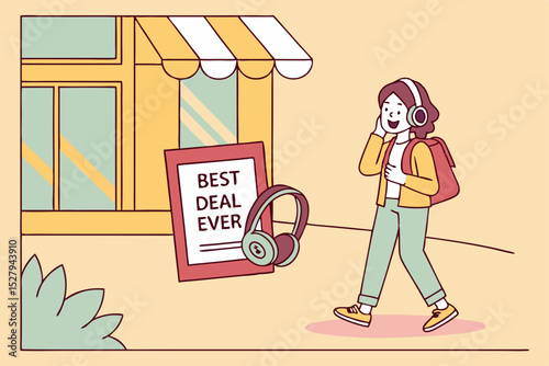 Student walking past best deal ever headphones sign