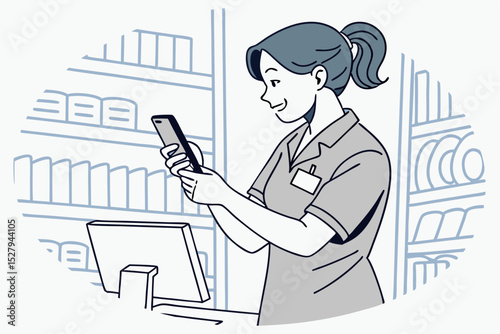 Retail worker using smartphone at checkout counter