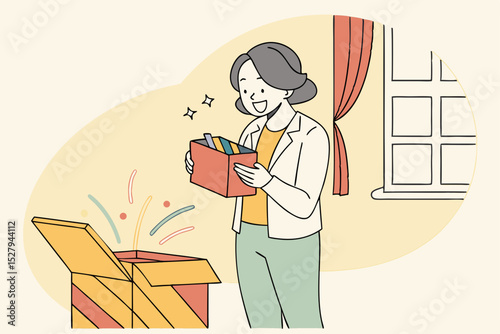 Happy woman unpacking a surprise box of items