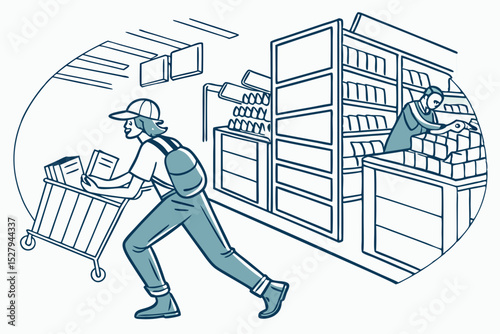 Student hurrying through bookstore with cart